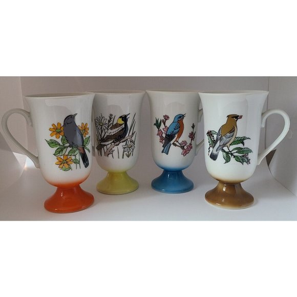 FRED ROBERTS Song Bird Footed Irish Coffee Mugs/Cups Mid Century Modern Set Of 4 - Picture 1 of 7